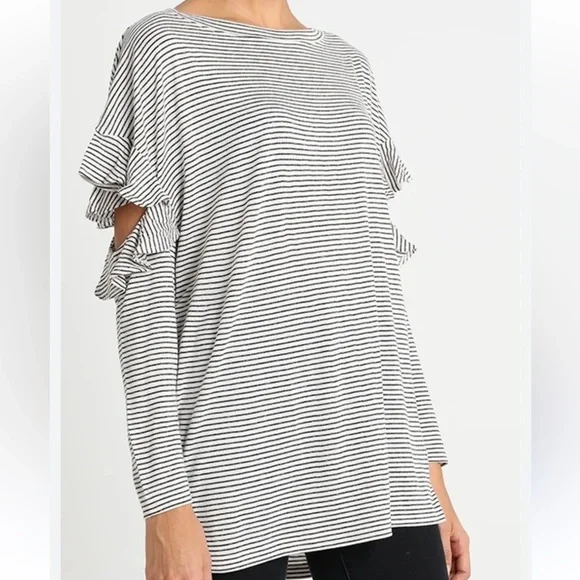 All Saints Striped Ruffle Sleeve Top - Black and White - Picture 1 of 5
